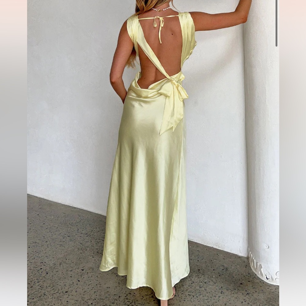 Yellow satin formal maxi dress